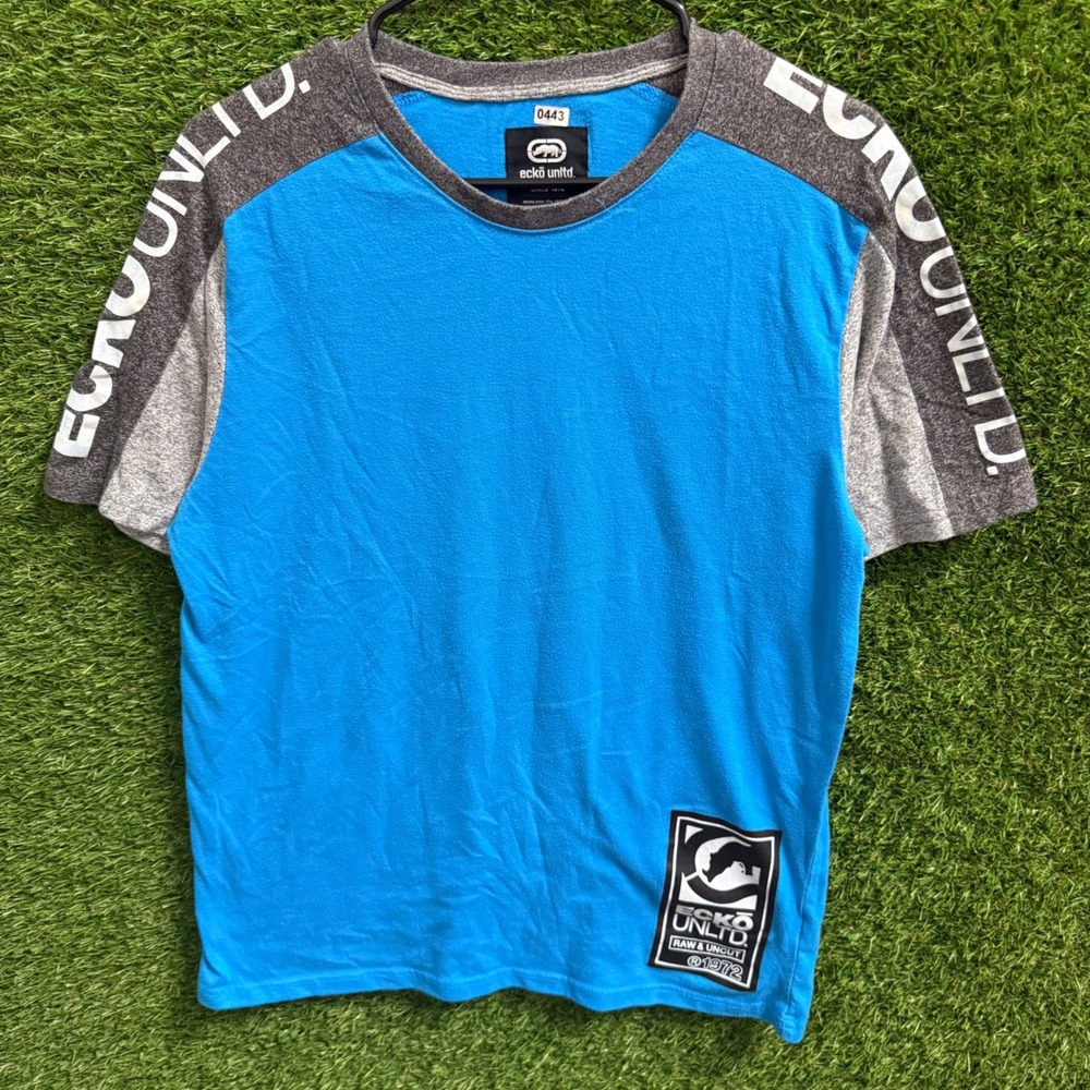 Ecko Unltd. Mens T-Shirt Medium Blue Gray Logo Raw & Uncut Short‎ Sleeve